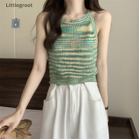 Littlegroot [2023 new HOT FASHION] เสื้อชั้นในสตรีถักสีสันสดใสเสื้อกล้ามคอกลมแขนกุดวินเทจสำหรับฤดูร้อน