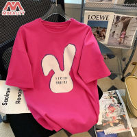 MBeauty เสื้อยืดพิมพ์คอกลมกระต่ายสีชมพูผู้หญิงหลวม2023ใหม่แขนสั้น