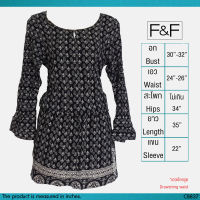 USED F&amp;F - Black Floral Graphic Dress | เดรสยาวสีดำ สีขาว เดรสทรงเอ แขนยาว ลายดอก ลายกราฟิก วินเทจ ทำงาน แท้ มือสอง