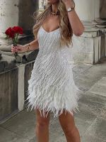 【HOT】❁☸₪ Fashion Sling Sequined Sleeveless V Neck Tassels Feather Short Streetwear