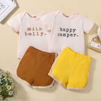 2Pcs Newborn Baby Girls Boy Soft Cotton Outfit Sets Summer Short Sleeve Letter Print Button Bodysuit+Solid Shorts Infant Clothes  by Hs2023