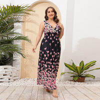 Hot-Selling Large Size Floral Print Dress Womens Ice Silk V-Neck Holiday Beach Dress Dress Dress