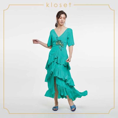 Kloset Design Kloset Embellished Ruffle Dress (RS20-D011) เดรสแต่งดีเทลปัก เดรชหน้าสั้น-หลังยาว เดรสแฟชั่น