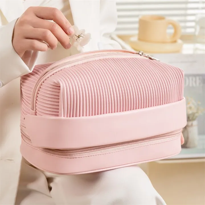 high-end-muji-butter-toast-cosmetic-bag-double-pressed-pleated-wash-bag-large-capacity-light-luxury-handbag-travel-portable-storage-bag