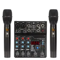 DJ Console Mixer Soundcard with Bluetooth 4 Channel UHF Wireless Microphone for Studio Recording DJ Karaoke