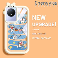 เคส Chenyyka สำหรับ VIVO Y02 Y11 Y02A 2023เคสลายการ์ตูนโดราเอมอนมอนน้อยมอนสเตอร์ตัวเล็กแบบผูกโบว์เคสนิ่มทนต่อการขัดถูเคสโทรศัพท์โปร่งใสฝาครอบป้องกันเลนส์กล้องถ่ายรูปซิลิก้าเจล TPU