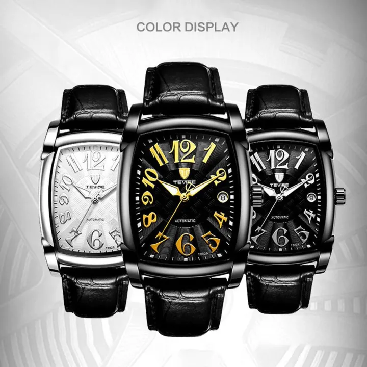 นาฬิกากันน้ำสำหรับผู้ชายเครื่องจักรกลอัตโนมัติ-tevise-นาฬิกาข้อมือธุรกิจดำ-ทอง-ดำ