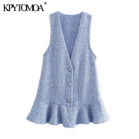 KPYTOMOA Women 2021 Fashion Tweed Ruffled Pinafore Mini Dress Vintage V Neck Sleeveless Female Dresses Vestidos Mujer