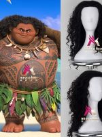 Movie Moana Prince Men Maui Wig Black Fluffy Long Hair Cosplay Curly Wig With Hair Net Maui Costumes +Wig Cap