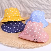 ۩ஐ Cute Dot Baby Hat With Ears Cartoon Embroidery Kids Girls Boys Bucket Hat Summer Outdoor Children Panama Sunscreen Cap