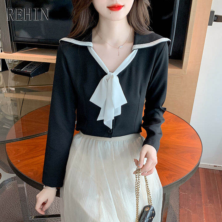 rehin-women-s-top-new-navy-collar-bow-tie-long-sleeve-shirt-elegant-skinny-v-neck-trend-blouse