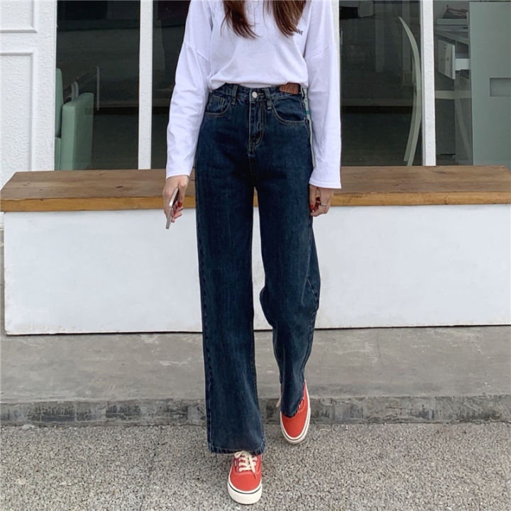 2021Autumn New High Waist Wide Leg Jeans Womens Straight and Thin Loose Vintage Black Pants Casual Denim Long Jean Pant for Girls