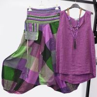 【DT】hot！ 2 Pcs/Set Pants Set Piece Top Contrast Color Trousers  Dress-up
