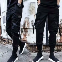 WS ผู้ชายริบบิ้นสีดำกระเป๋า Cargo กางเกง Joggers Harajuku Sweatpant ฮิปฮอปกางเกงกางเกงกีฬาลำลอง