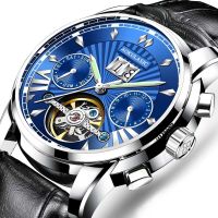 ⌚นาฬิกาผู้ชายนาฬิกาข้อมือกลไกอัตโนมัติหรูนาฬิกากันน้ำแนวธุรกิจ Tourbillon แบบเรืองแสงวันที่เดือนสัปดาห์