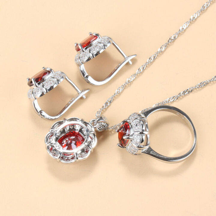 new-style-elegant-women-wedding-accessories-red-garnet-cz-clip-earrings-necklace-and-ring-bridal-jewelry-sets