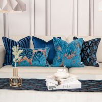 European style Flocking Embroidery Velvet Cushion Cover Luxury European Pillow Cover Blue PillowCase Geometry Home Decorative Sofa Throw Pillow