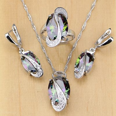 Natural Mystic Rainbow Cubic Zirconia 925 Silver Jewelry Set for Women Wedding EarringsPendantNecklaceRings