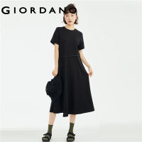 GIORDANO Women Dresses Ribbon Tie Waist Cooling Dresses Crewneck Short Sleeve Side Vent Relaxed Fashion Casual Dresses 18463605