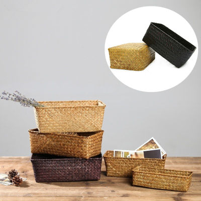 Woven Wicker Storage Box Black Rattan Baskets Rectangle Towels Gadgets Toys Basket Container Home Bathroom Shelf Organizer