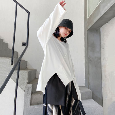 [EAM] Women White Irregular Hem Oversized Casual T-shirt New Round Neck Long Sleeve Fashion Tide Spring Autumn  1DE1071