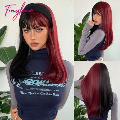 【jw】∈✾  and Dark Straight Synthetic Hair Wigs with Bangs Wig for Resistant