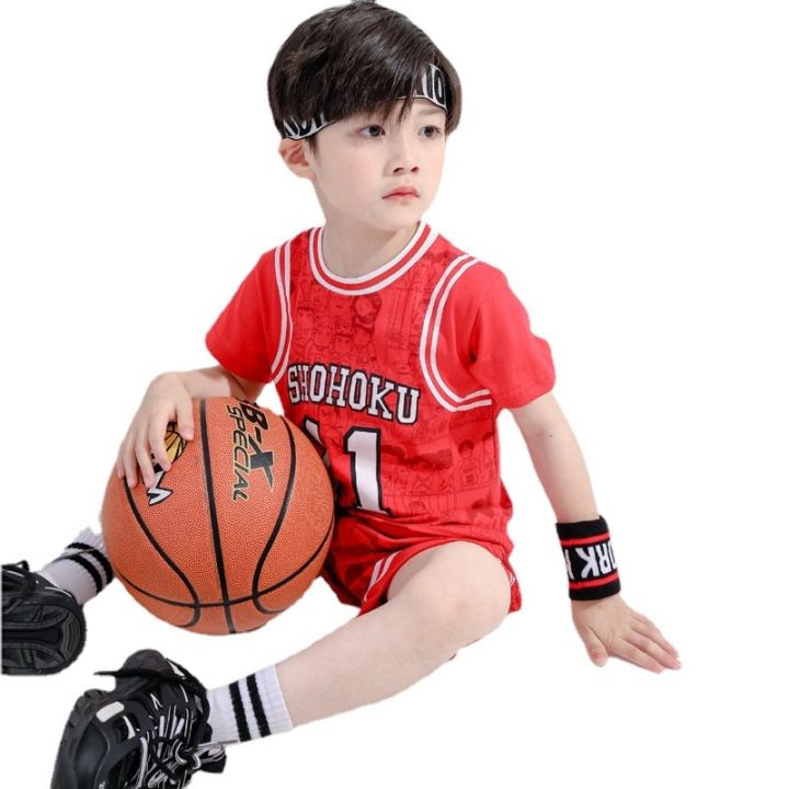 90-150cm-childrens-cotton-sportswear-handsome-stitching-basketball-uniform-baby-casual-short-sleeved-suit-cartoon-printed-breathable-korean-version-clothing