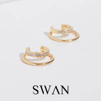 SWAN - Double Line Cuff ต่างหูหนีบเงินแท้ คล้องหู ไม่ต้องเจาะ ฝังเพชรคิวบิกเซอร์โคเนีย cubic zirconia