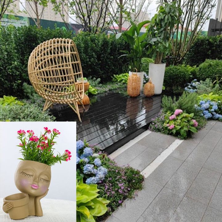 1-piece-face-planter-pot-double-flower-pots-indoor-outdoor-plants-resin-head-planter-cute-lady-face-plant-pot-with-drainage-hole