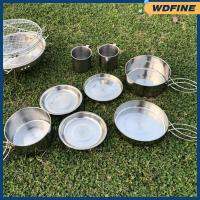 WDFINE 8x จานหม้อปรุงอาหารกลางแจ้งและถ้วยสแตนเลสชุดอุปกรณ์ทานอาหารเครื่องครัวแคมปิ้ง