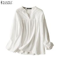 ZANZEA Women Casual Streetwear Puff Sleeve V-Neck Solid Color Hollow Out Spliced Blouse