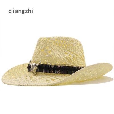 QZH Western Cowboy Hat With Wide Brim Summer Straw Cap For Men Women Outdoor Panama Beach Cowgirl Hat