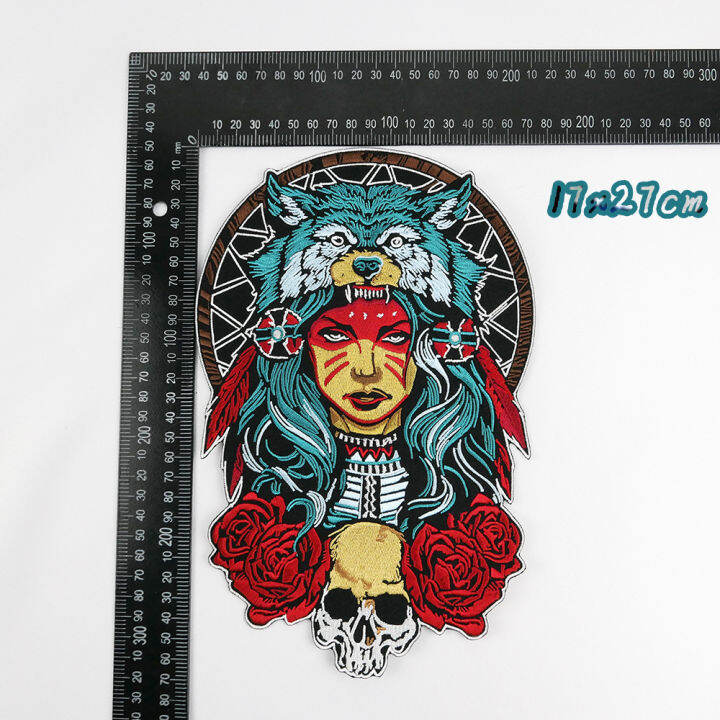 queen-of-the-forest-skull-embroidery-patches-17-27cm-big-back-iron-on-patch-appliques-rose-and-wolf-mc-bikers-jackets-vests