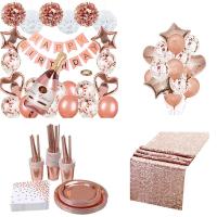 Rose Gold Party Decorations Set Happy Birthday Confetti Balloons with Banner Paper Pompoms Disposable party tableware Set Banners Streamers Confetti