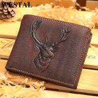 ZZOOI WESTAL Mens Genuine Leather Wallet High Quanlity Wallets Coin pocket  Zipper Purse For Deer Head Design Money Clips Short Purse