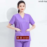 2021Plug Size Scrub Top Women Medical Uniform Short Sleeve Scrub Shirt V Neck Nursing Clothes Cotton Doctor Workwear Color Blocking