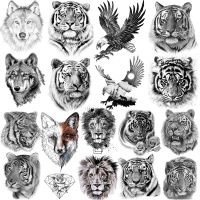 สัตว์ Tiger Elk รอยสักชั่วคราวสำหรับผู้ชาย Fox Wolf Eagle Fake Tattoo สติกเกอร์นกฮูกดอกไม้แมงป่อง King Tatoo ผู้หญิง Body Armbands