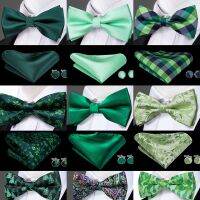 Hi-Tie Adult Men 39;s 100 Silk Green Solid Bow Tie Set for Wedding Party Fashion Green Floral Neck Bowite Pocket Square Cuflinks