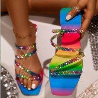 Flat Slippers 2022 Summer Fashion Candy Color Rhinestone Sandals Girls Rainbow Crystal Slip-On Outdoor Beach Womens Slippers