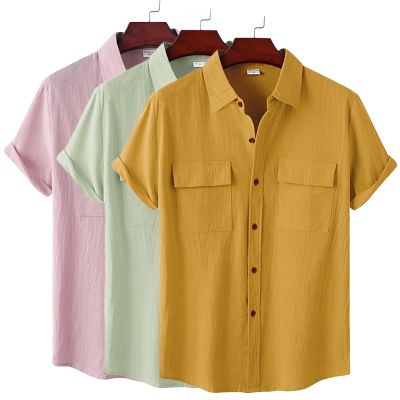 เสื้อฤดูร้อนแขนสั้นฮาวายสำหรับผู้ชาย,เสื้อเสื้อเชิ้ตผู้ชายชายหาดสีล้วนระบายอากาศฝ้ายลินินเสื้อลำลองสำหรับผู้ชาย