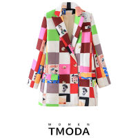 TMODA450 2022ฤดูใบไม้ผลิฤดูใบไม้ร่วงผู้หญิงลายสก๊อตเสื้อแจ็คเก็ตกระดุมคู่ปกแฟชั่นพิมพ์สูท Streetwear หลวมเก๋เสื้อ