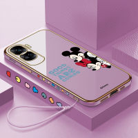 GGK เคสสำหรับ Honor 90 5G 90 Lite 5G ฟรีสายคล้องน่ารักการ์ตูนมิกกี้ Minie Mouse เคสขอบสี่เหลี่ยมลวดลายชุบเคสโทรศัพท์หรูหราชุบนุ่มเคสโทรศัพท์