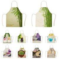 1Pcs Kitchen Apron SPA Style Plant Green Bamboo Printed Sleeveless Cotton Linen Aprons for Men Women Home Cleaning Tools WQ990