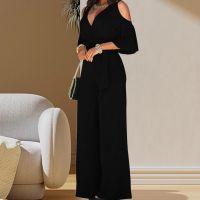 ◎∋◄ lhgjbhd Jumpsuit Shoulder Hollow Out Half Sleeves V Neck Waist Dress-up Wide Leg