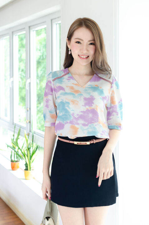 narinari-nt2427-contrast-trim-balloon-sleeve-blouse-เสื้อทำงาน