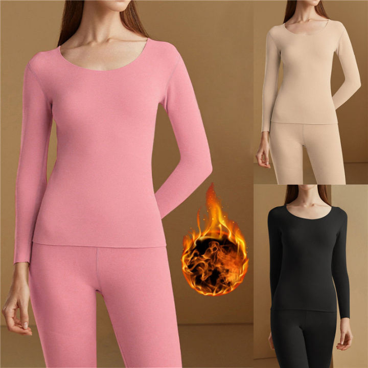 Cyprus 2Pcs Seamless Thermal Underwear Women's Winter Fleece-Lined Long ...