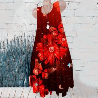 New Summer Sleeveless Women Red A-Line Dresses Floral Pattern 3D Print Fashion Dress Beach Casual Loose Ladies Short Dress