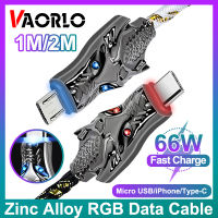 VAORLO ลวดไมโครชาร์จที่รวดเร็วโลหะ66W USB/ ชนิด-C/ สายเคเบิลหลอดไฟ RGB สายโทรศัพท์มือถือไฟ LED สำหรับ Huawei Xiaomi สามารถใส่ได้กับ iPhone สายชาร์จ