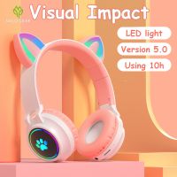 Cat Ears LED Cute Headphones Bluetooth Wireless Headset with Mic Foldable Design Stereo Music Earbud Kitten Earphone for Gaming