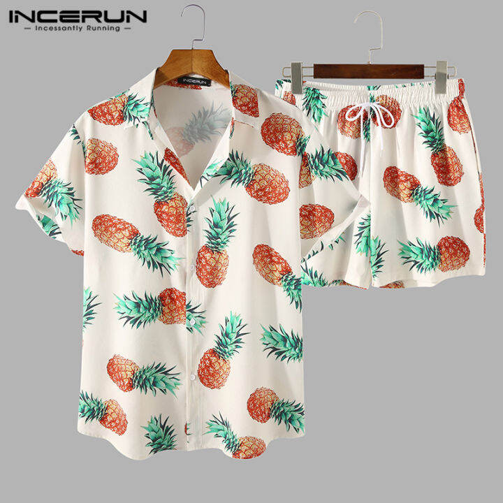 incerun-เสื้อแขนสั้นทรงหลวม-กางเกงขาสั้นพิมพ์ลายแฟชั่นผู้ชาย